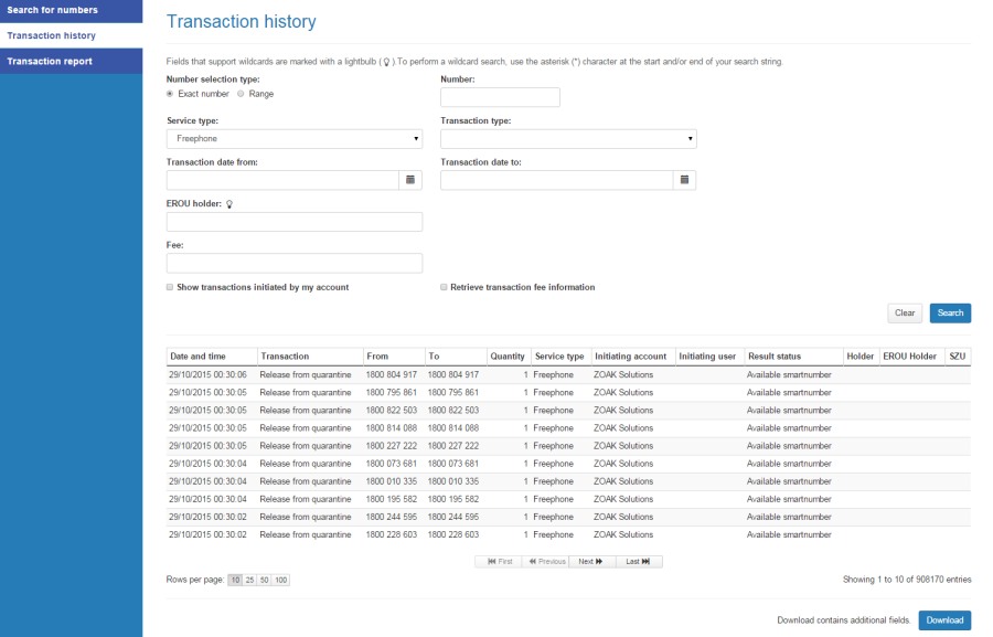 Transaction history search results