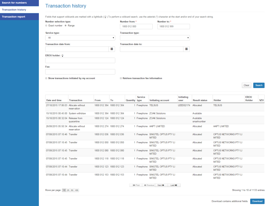 Transaction history search results
