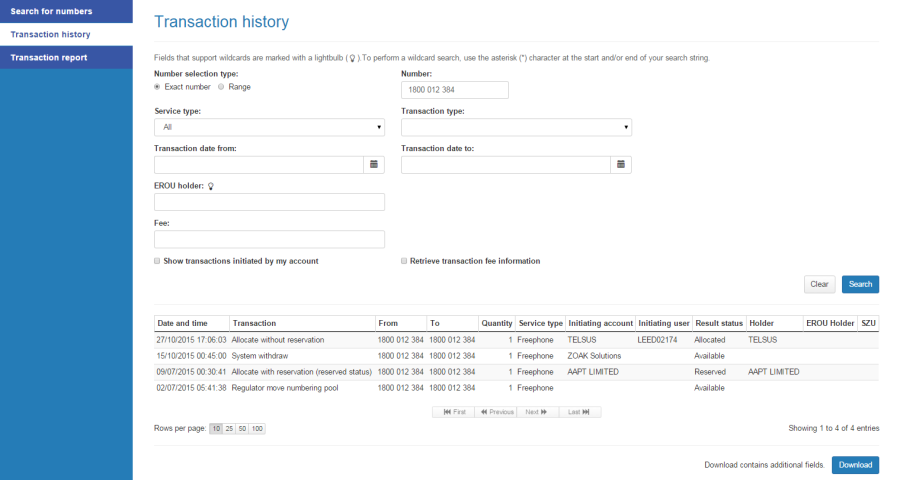 Transaction history search results