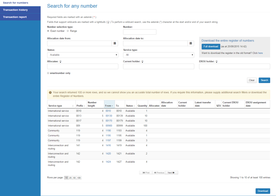 Register of numbers search results