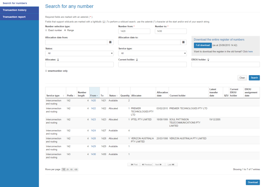Register of numbers search results
