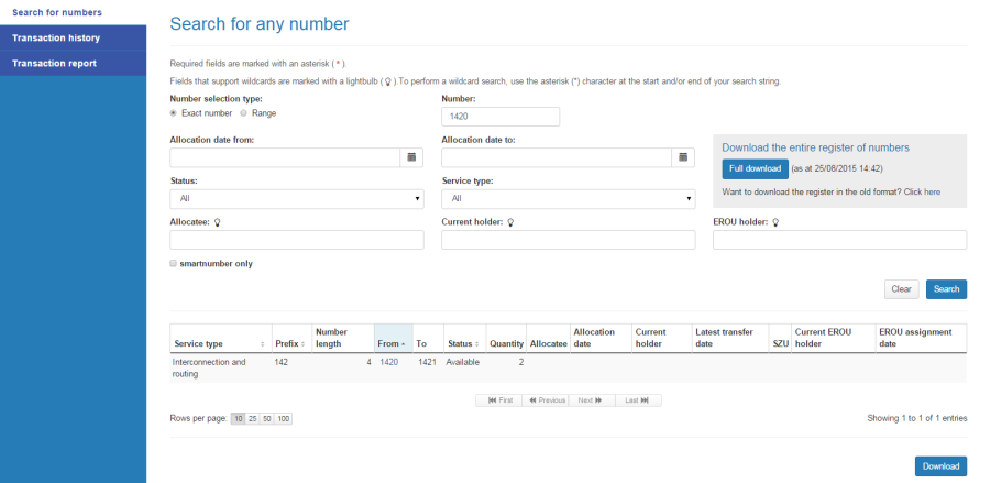 Register of numbers search results