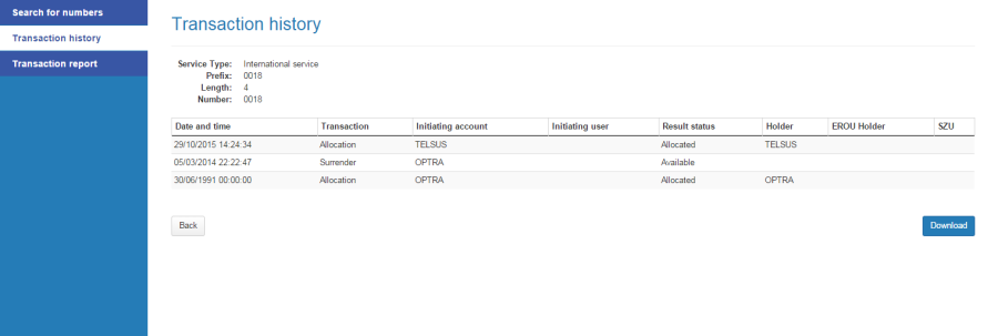 Transaction history page