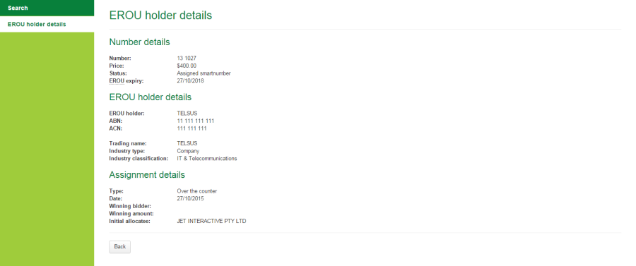 EROU holder details page