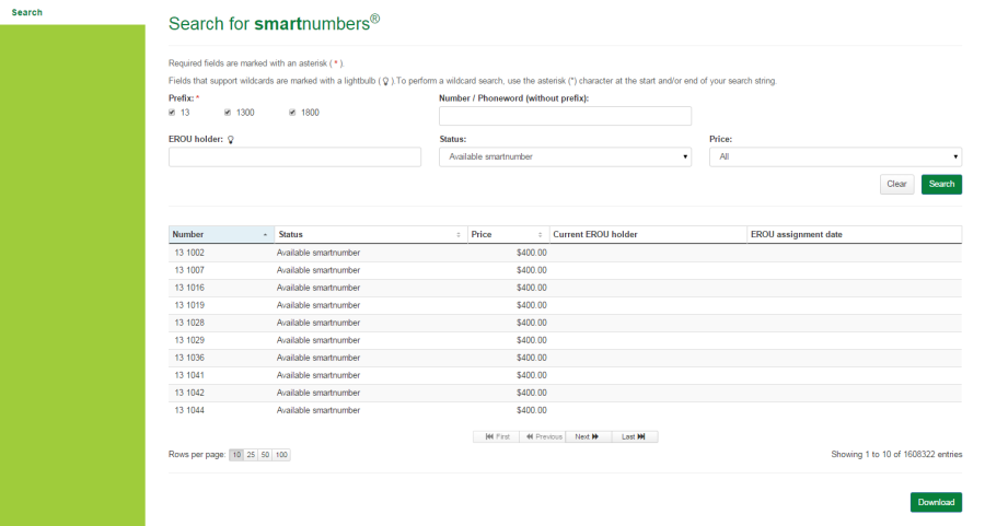 Register of smartnumbers search results