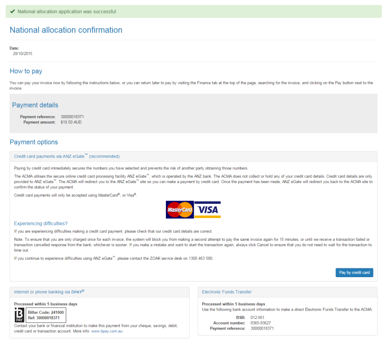 National allocation confirmation page