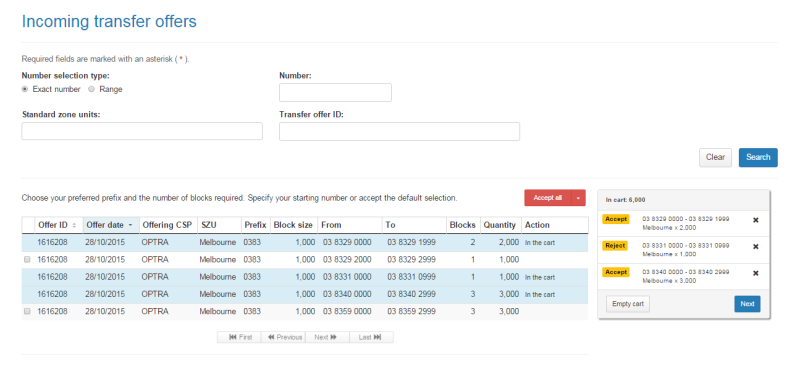 Incoming transfer offers page cart