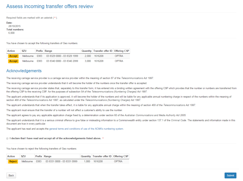 Assess incoming transfer offers review page