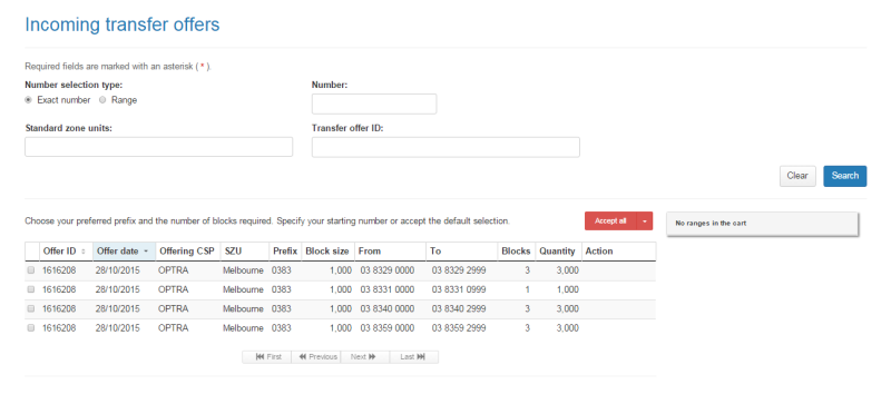 Incoming tranfer offers page search results