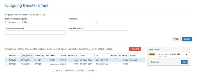 Outgoing transfer offers page cart