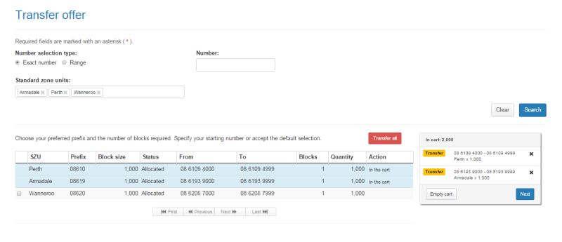 Transfer offer page cart