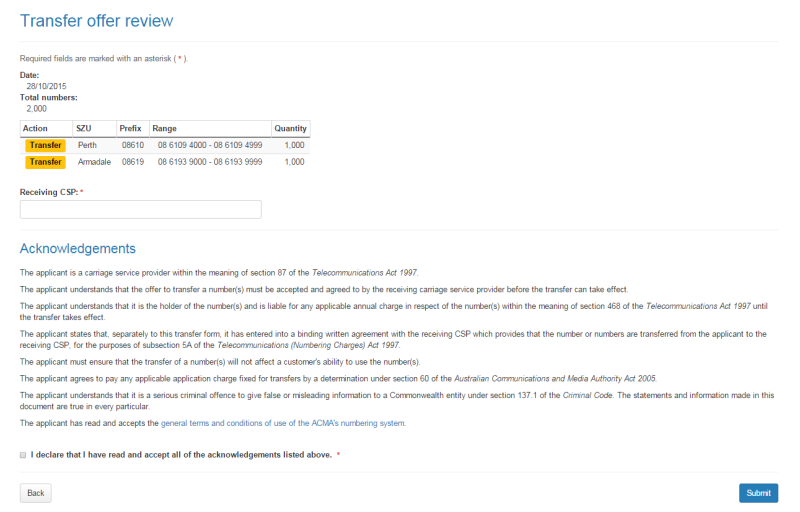 Transfer offer review page