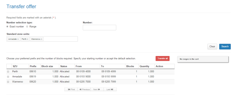 Transfer offer page search results