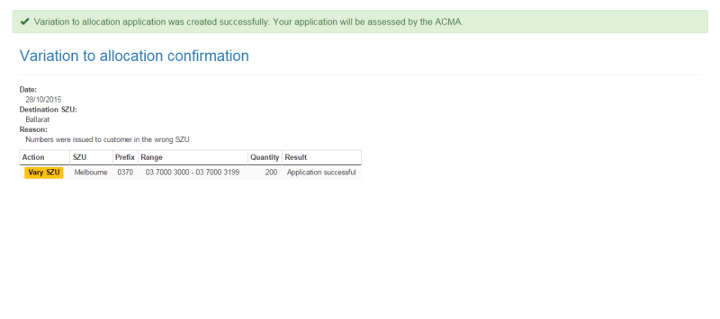 Variation to allocation confirmation page