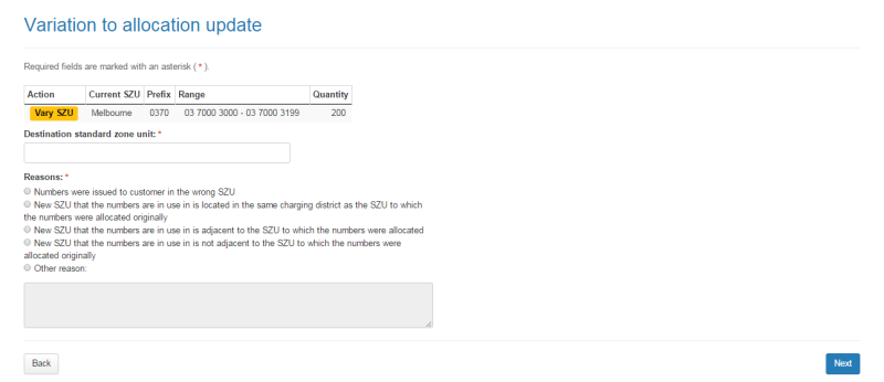Variation to allocation update page