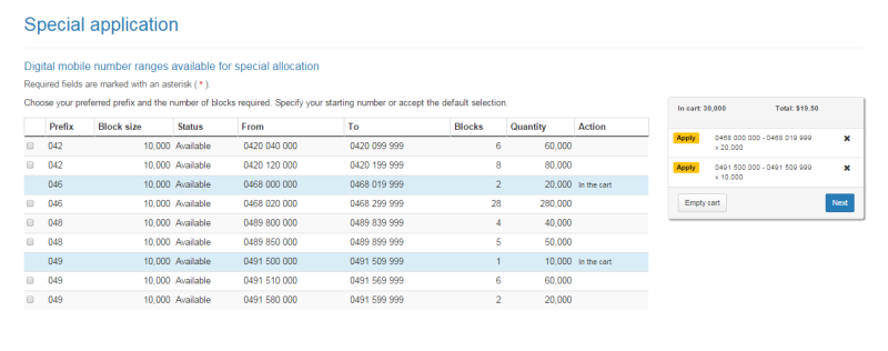 Special application page cart