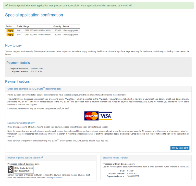 Special application confirmation page