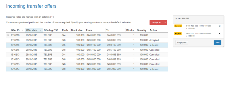 Incoming transfer offers page cart
