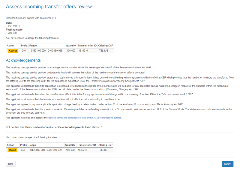 Assess incoming transfer offers review page