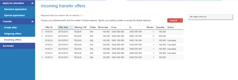 Incoming transfer offers page
