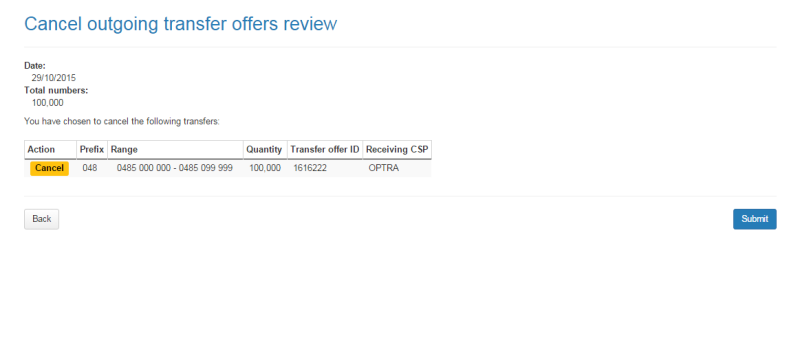 Cancel outgoing transfer offers review page