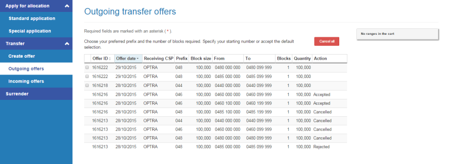 Outgoing transfer offers page