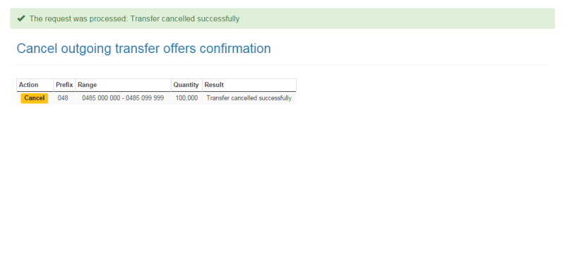 Cancel outgoing transfer offers confirmation page