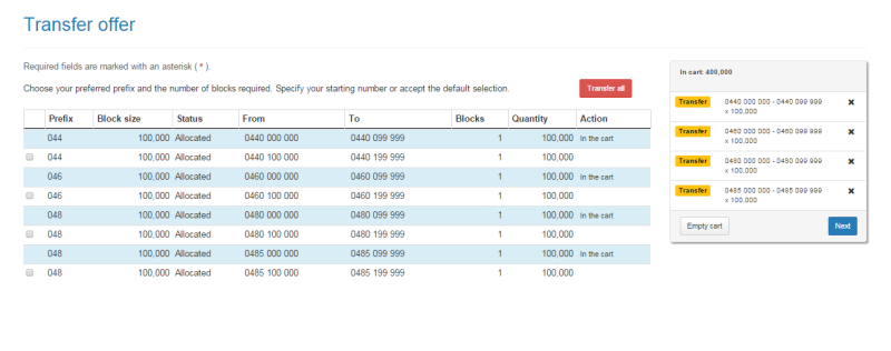 Transfer offer page cart