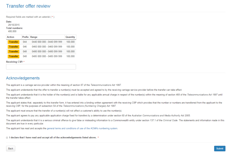 Transfer offer review page