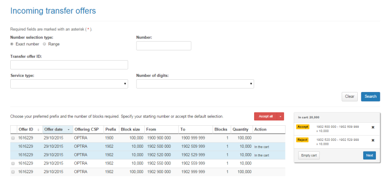 Incoming transfer offers cart