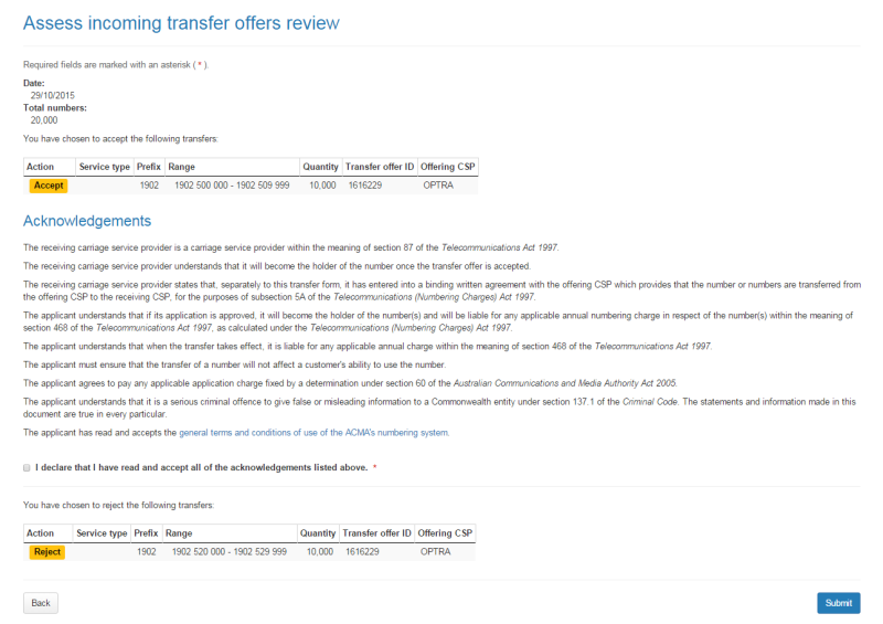 Assess incoming transfer offers review page