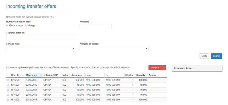 Incoming transfer offers page search results