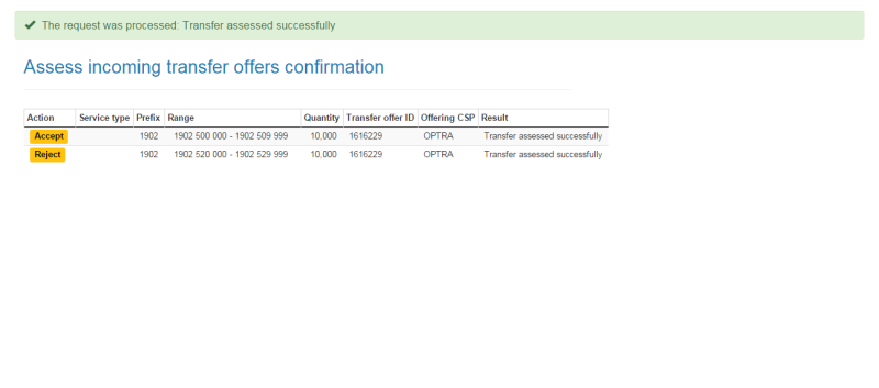 Assess incoming transfer offers confirmation page