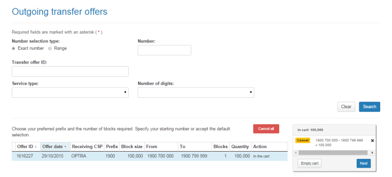 Outgoing transfer offers page cart