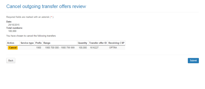 Cancel outgoing transfer offers review page