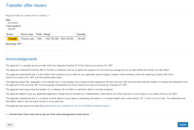 Transfer offer review page