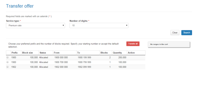 Transfer offer page search results