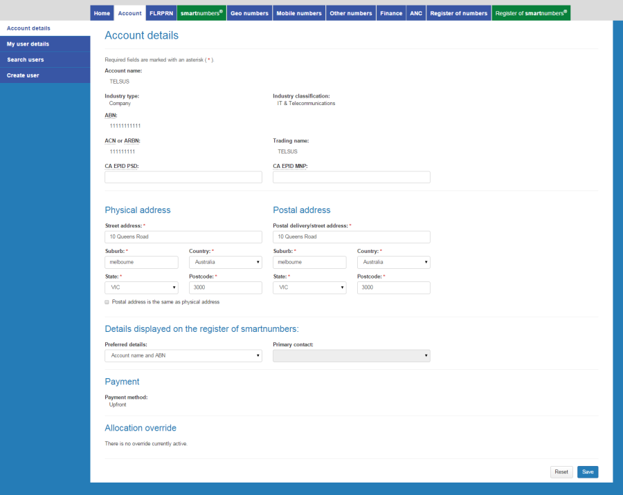Account details page