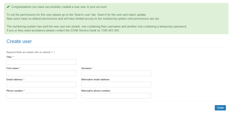 Create user page confirmation