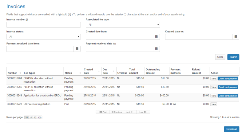 CSP invoice search results