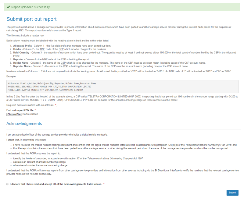 Submit port out report confirmation