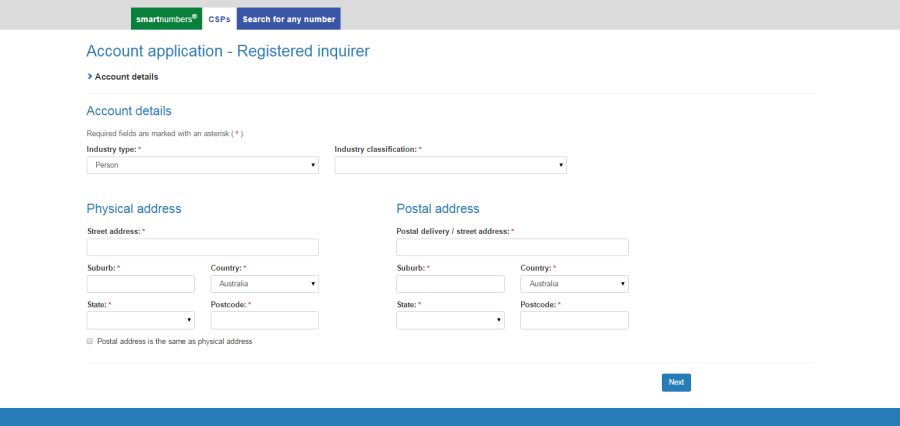 Account application - registered inquirer page