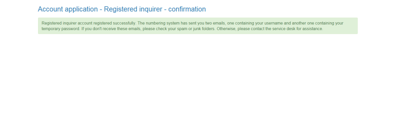 Account application - Registered inquirer - confirmation page