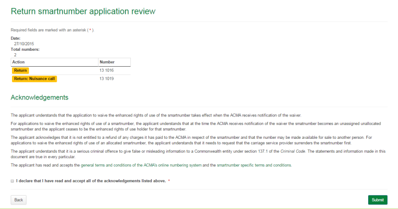 Return smartnumber application review page