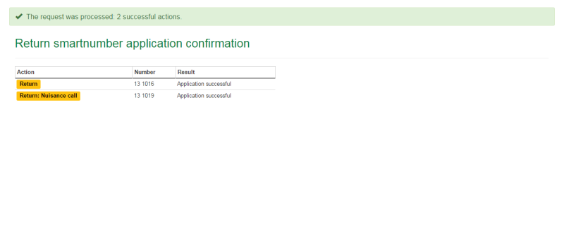 Return smartnumber application confirmation page