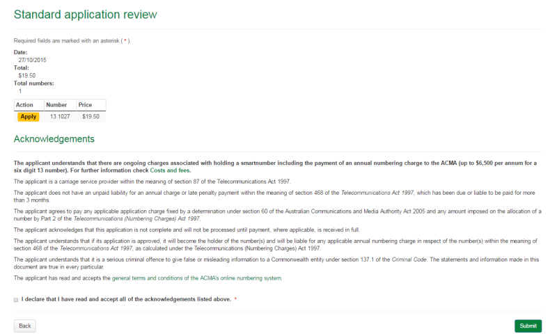 Standard application review page