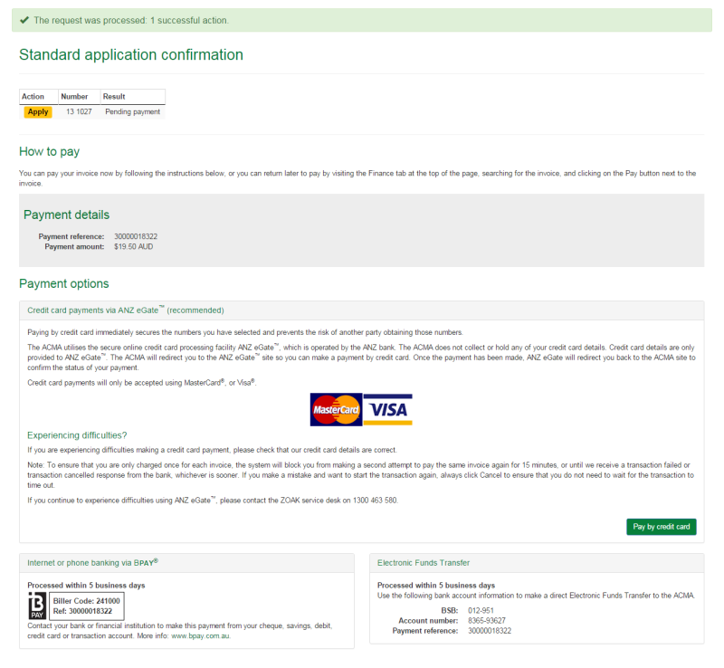 Standard application confirmation page