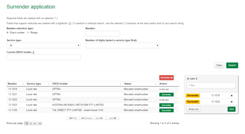 Surrender application cart