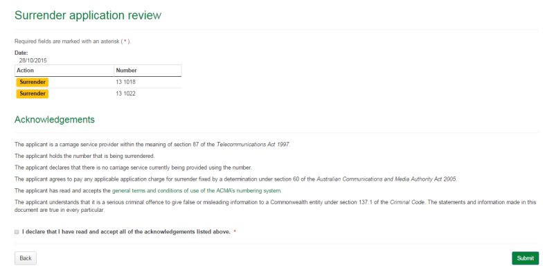 Surrender application review page