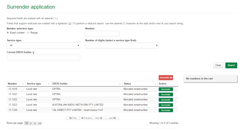 Surrender application search results